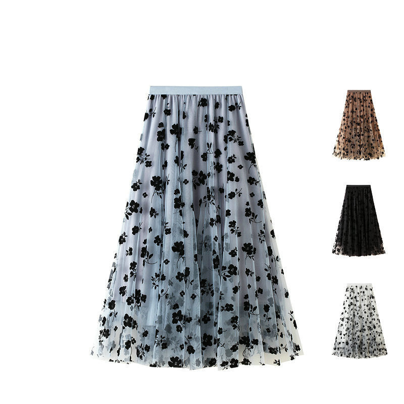 Thin Drape Pleated Skirt Flocking Mesh Skirt Women