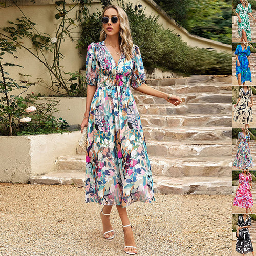 New V-neck Printed Short-sleeved Long Dress - MBM INTERNATIONAL HOLDING