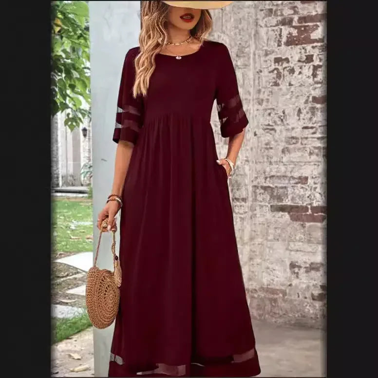 Sleeve Mesh Patchwork Round Neck Dress - MBM INTERNATIONAL HOLDING