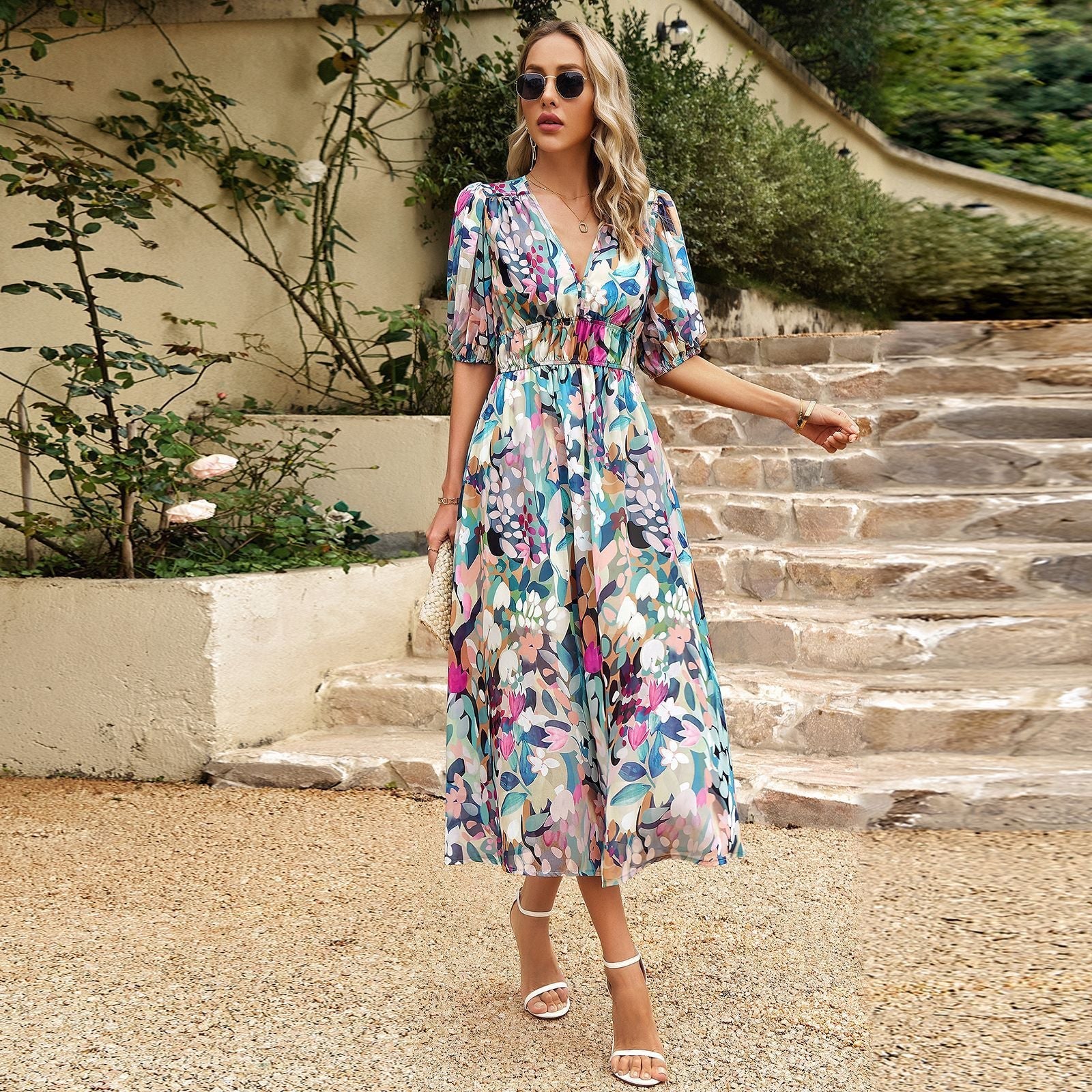 New V-neck Printed Short-sleeved Long Dress - MBM INTERNATIONAL HOLDING